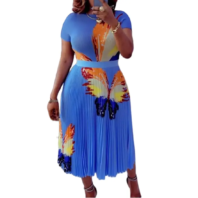 D308 Set Rok Berlipat Musim Semi Afrika Desain Terbaru Wanita Pakaian 2 Potong Cetak Kupu-kupu Set 2 Potong Rok AndTop Wanita