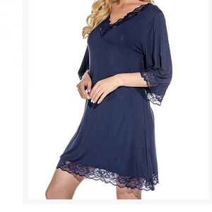 <strong>Women</strong> Sexy Lace V Neck Modal Cotton Nightgown Loose Seven Sleeve Plus Size Home Sleep Dress S 2XL - Product Image 2