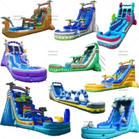 Toboggan Gonflable Aquatique Château Marbre Palmier avec Piscine pour Fêtes