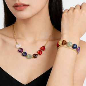 Bracelet et collier en pierres naturelles colorées, bijoux tressés en forme de cœur à sept chakras, pour la méditation, les mariages, les festivals, cadeau - Product Image 2