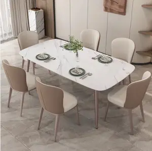 Mesa de jantar dourada luxuosa moderna, aço inoxidável com topo de mármore para sala de jantar, móveis, mesa de jantar