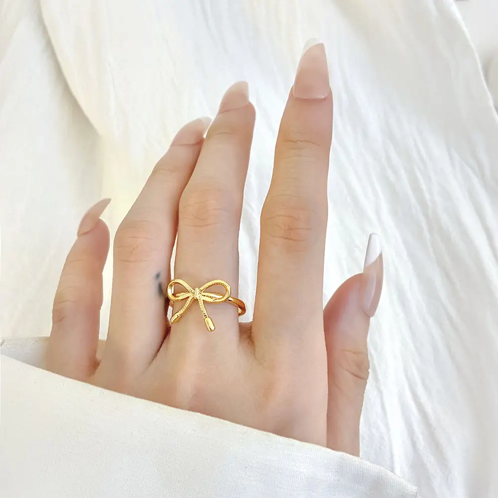 FOXI fashion jewelry adjustable ring bowknot yellow gold plated cute bow rings for women and girl