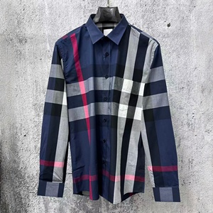 Camisas de manga larga para hombre, estilo diseñador de lujo, azul marino, ajustadas, a cuadros, estilo vintage, Burberry. - Product Image 1