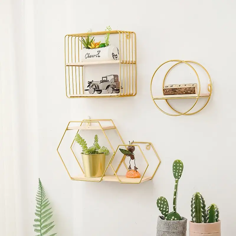 Nordic Styles Metal Hexagonal Storage Holders Wall Decorations Shelves Home Bedroom Decor Wall Hanging Shelf