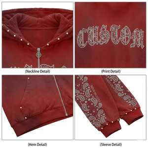 Felpa <span class=keywords><strong>con</strong></span> <span class=keywords><strong>Cappuccio</strong></span> da <span class=keywords><strong>Uomo</strong></span> in Cotone Pesante Lavato all'Acido, Stile Vintage Rosso Streetwear <span class=keywords><strong>con</strong></span> Stampa Personalizzata Effetto Consumato e Bordi Sfrangiati - Product Image 3