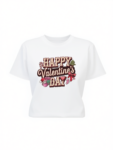 T-Shirt Crop Retrò da Donna, Manica Corta, Collo Tondo, Stampa per San Valentino e Natale, Top Casual 100% Cotone Jersey, Primavera Estate - Product Image 1