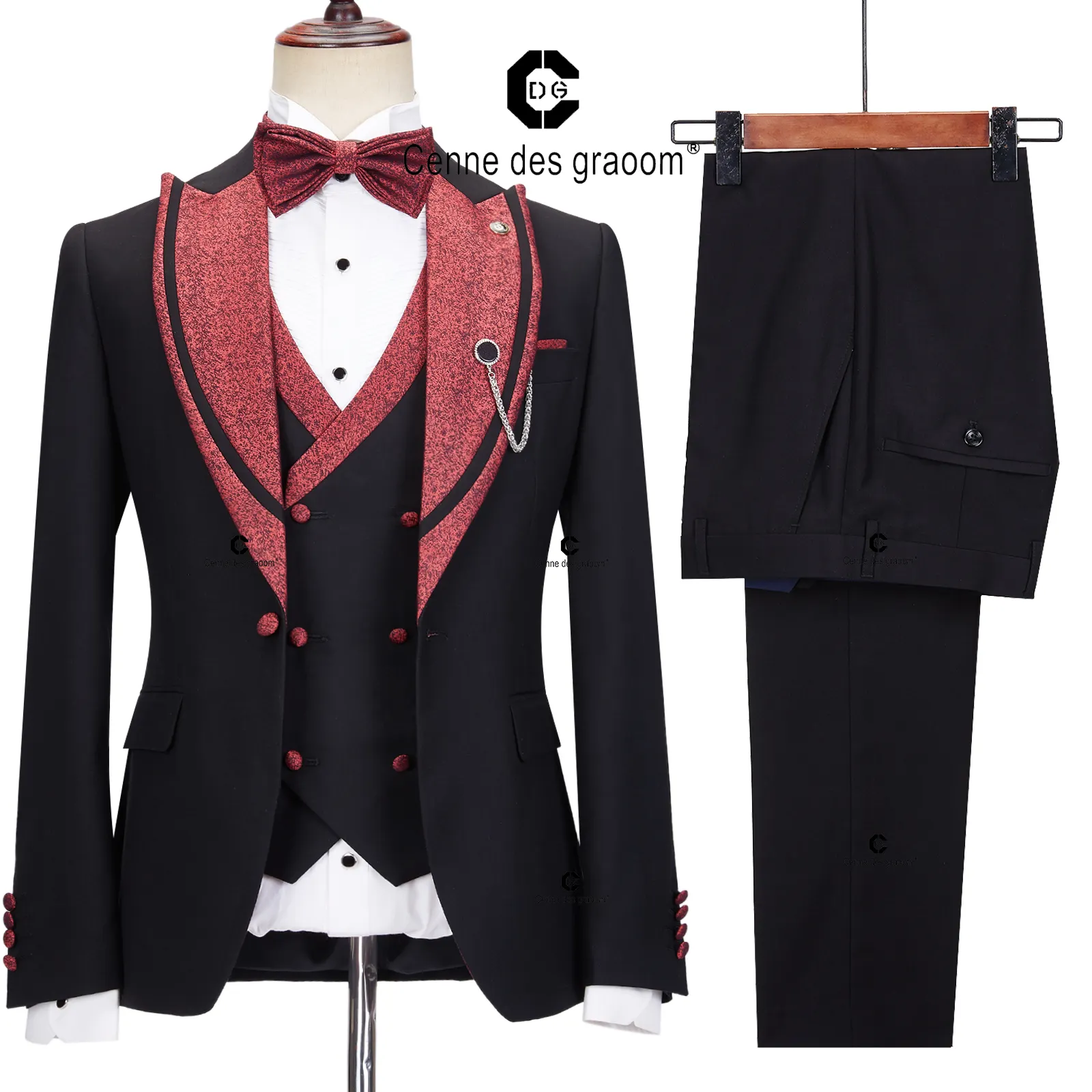 Cenne Des Graoom 2023 Trajes elegantes para hombres Chaqueta de esmoquin negra y roja Chaleco Pantalones con pajarita 4 piezas Conjunto Vestido de novia Novios