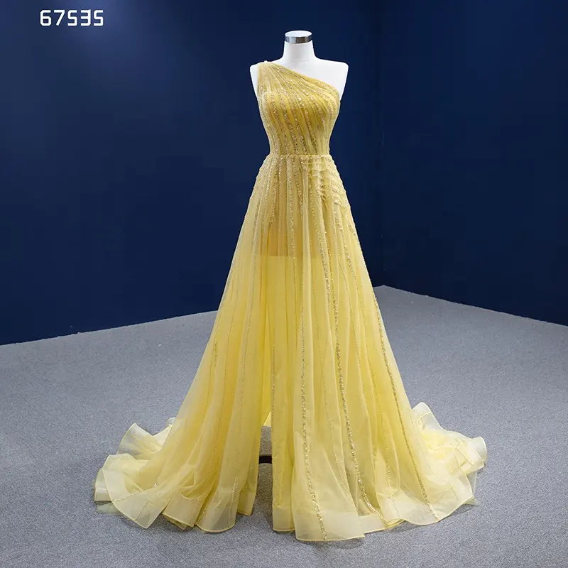 Rsm67535 Sexy Neuestes Design One Shoulder Pailletten Gelbe Spitze Tüll Prom Abendkleid