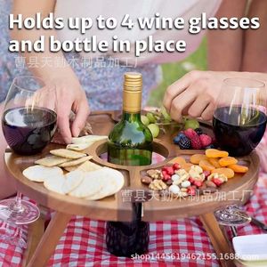 Retro solid wood wine rack folding <b>table</b>, <b>outdoor</b> wine glass holder, snack tray, portable wooden wine <b>table</b> - Product Image 4