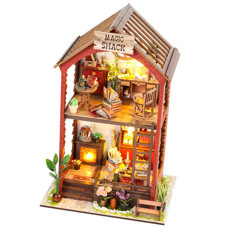 Assemble DIY Wooden House with Furniture Book Nook Kit 3D Wooden Puzzle Toys for Children