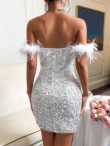 Nuevos sexis vestidos de fiesta, vestido de plumas para mujer, vestido ajustado de lujo con hombros descubiertos y lentejuelas con cremallera en la espalda - Product Image 6