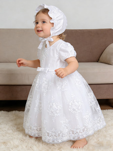 Nuovi Arrivi: Abito da Battesimo per Bambina con Cappellino, <span class=keywords><strong>Vestito</strong></span> Bianco Ricamato in Tulle per Cerimonia Principessa - Product Image 3
