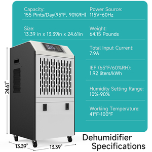 Vente directe tout nouveau déshumidificateur électrique 155 pintes déshumidificateur commercial mobile avec réservoir d'eau adapté au Garage - Product Image 5