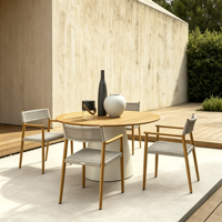 Ensemble de salle à manger d'extérieur en teck, table et chaises de patio en toile imperméable, mobilier de jardin résistant aux intempéries pour villa