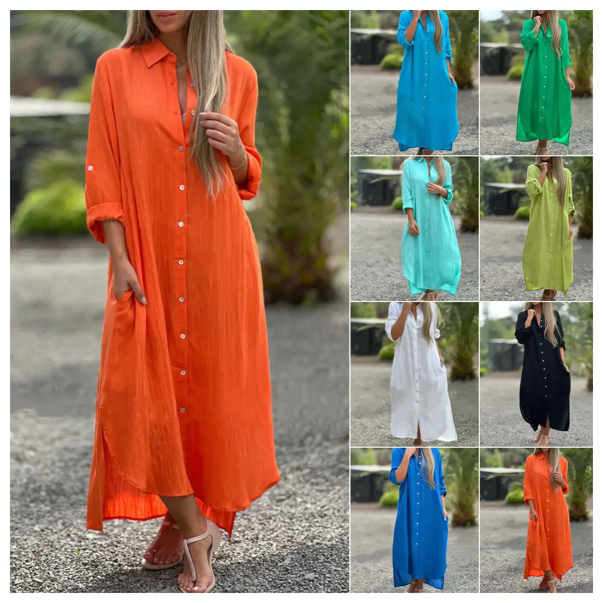 Trendy 2024 Women's Clothing Tops Fashionable Solid Color Long Cotton Plus Size Shirts Dress Long Sleeve Women Blouse