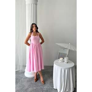 Robe en lin rose à col halter, coupe trapèze, dos nu, respirante, pour soirée ou décontractée - Product Image 6