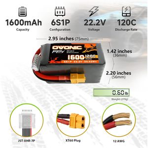 Batería Lipo Ovonic 6s 1600mAh 22.2V 120C de Alta Descarga para Drones de Carreras FPV - Product Image 2
