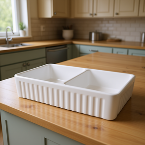 Évier de cuisine double en céramique blanc, rectangulaire, style ferme, à poser sur comptoir, surface émaillée mate - Product Image 2