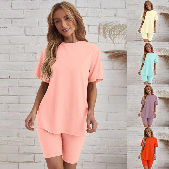 Solid Color Short Sleeve T-Shirts&Cropped Pants Pajamas Sets