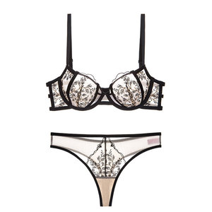 Sujetador de encaje bordado sexy, conjunto de lencería ultrafina de verano, push-up, realza el busto, antideslizante, para senos grandes y pequeños. - Product Image 1