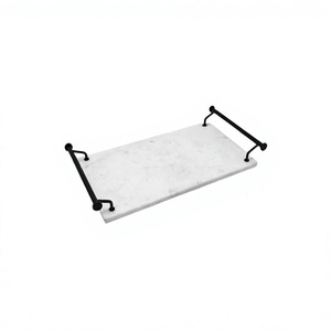 Plateau de service rectangulaire en marbre blanc avec poignées en fer noir, pour restaurant, hôtel et maison, vaisselle décorative - Product Image 1