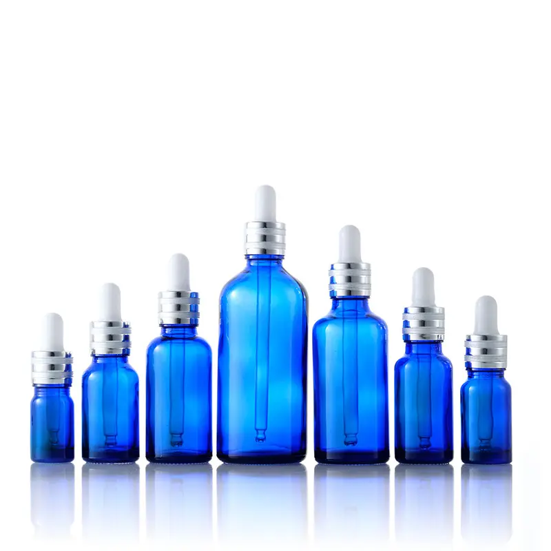 Frasco de vidro azul personalizado com conta-gotas para óleo essencial cosmético 1ml 2ml 3ml 5ml 10ml