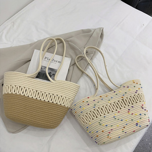 Sac fourre-tout en coton et lin pour femmes, sac à bandoulière de couleur unie avec coutures tressées, pour un usage quotidien, printemps 2023 - Product Image 1