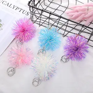 Colorful Wedding Birthday Party Gift Present Kids Girl Rainbow Film Laser Foil Tassels Fringe Ball Key Ring Keychains