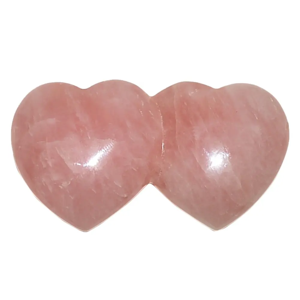 Natural Pink Rose Quartz Double Heart Shaped Carved Reiki Healing Crystal Stone