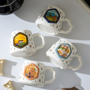 Tasse à eau en céramique peinte à la main de style nordique vintage, mugs uniques, mugs esthétiques, tasse à café avec couvercle - Product Image 1