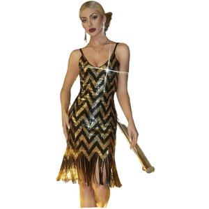 Robe sur mesure pour <span class=keywords><strong>femme</strong></span> style Charleston des années 20, coupe moulante, avec pompons, perles et sequins, antistatique, longueur genou - Product Image 1