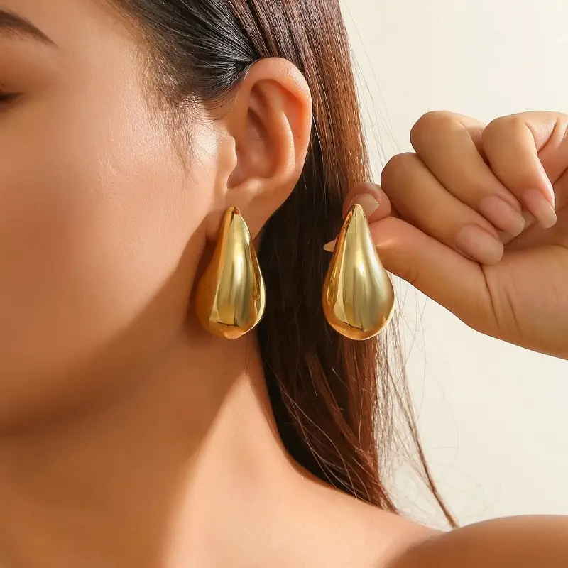 Vintage Gold Color Chunky Water Drop Dome Stud Earrings for Women Trendy Punk Glossy Tear Earring Jewelry Accessories