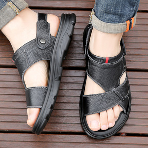 Sandales pour hommes en cuir véritable à brides croisées, bout ouvert, semelle extérieure en caoutchouc antidérapante, chaussures décontractées d'été, première couche de cuir de vachette, semelle intermédiaire en EVA - Product Image 2