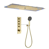 Nouveau projet hôtelier : Ensemble de douche thermostatique de luxe en laiton brossé doré de haute qualité, avec pommeau de douche double pluie LED et fonction musicale