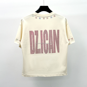 Nouveau Style été col rond T-shirt Boxy goutte épaule Streetwear T-shirt lourd strass coton surdimensionné t-shirt - Product Image 2