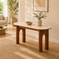Table à manger ovale moderne en bois massif avec plateau aspect marbre et pieds en arche en bois, écologique