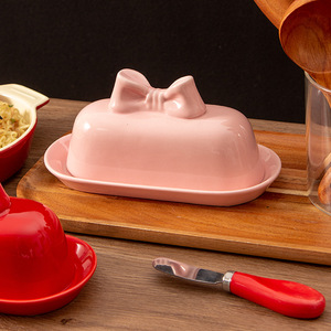 Plat à beurre en céramique créatif avec nœud papillon, ovale, avec couvercle, rouge, 16,5 cm, vaisselle de cuisine, style nordique - Product Image 3