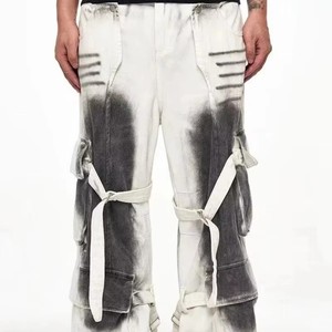 Calças Cargo de <span class=keywords><strong>Denim</strong></span> Desgastadas com Lavagem, <span class=keywords><strong>Jeans</strong></span> Largura de Perna Ampla, Estilo Casual para Quatro Estações, Decoração em Cristal, Fornecimento em Lote Escuro - Product Image 1