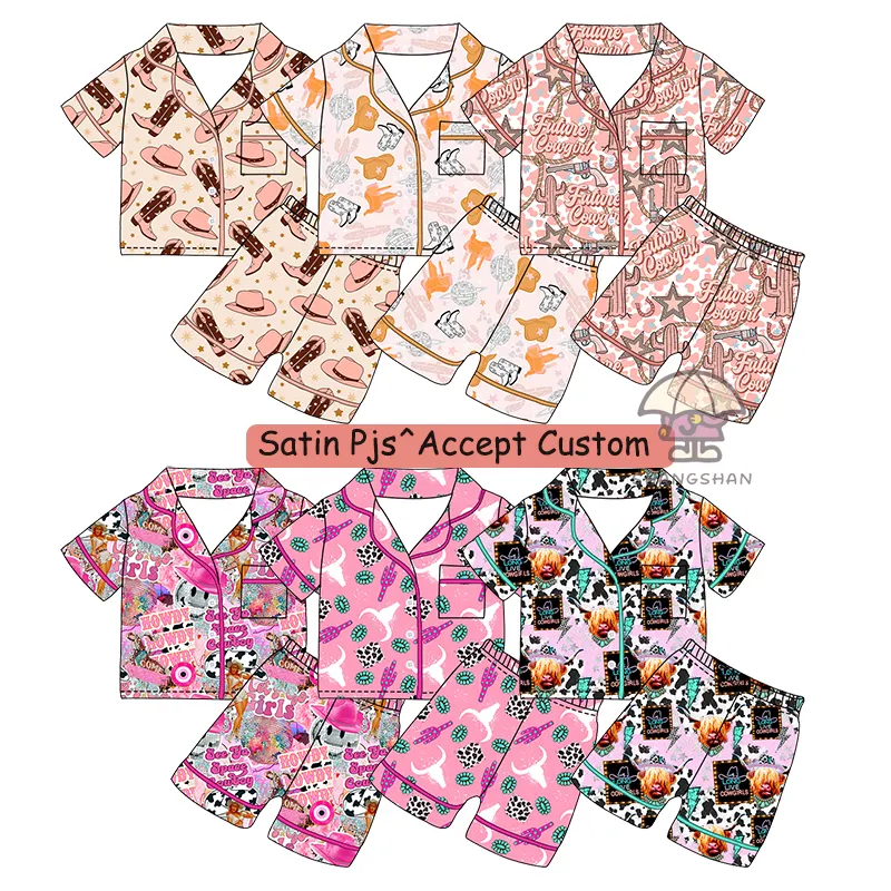 Sıcak satış çocuklar kızlar kısa kollu pijama setleri özel batı baskılı saten kumaş bebek Unisex pijama