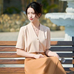 White Chiffon Satin Blouse Short Sleeve V Neck Elegant Office Shirt Women's Top Solid Color Polyester Fabric - Product Image 1