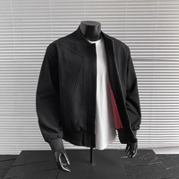 Blouson Bomber Homme Noir à Rayures Rouges, Coupe Droite Structurée, Ample, Style Américain Vintage, Fermeture Éclair, Automne