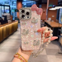 Coque de téléphone de luxe coréenne pour femme avec strass, cygne, papillon, nœud papillon et chaîne de perles pour iPhone 17 Pro Max, 16, 15, 14 Plus, 13