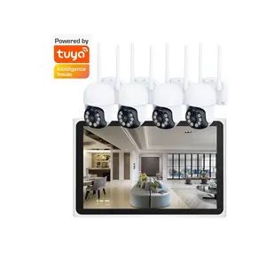 Tuya câmera de vigilância residencial, vigilância residencial sem fio hd sistema de inclinação ptz wi-fi 4ch 10.1 polegadas lcd nvr kit