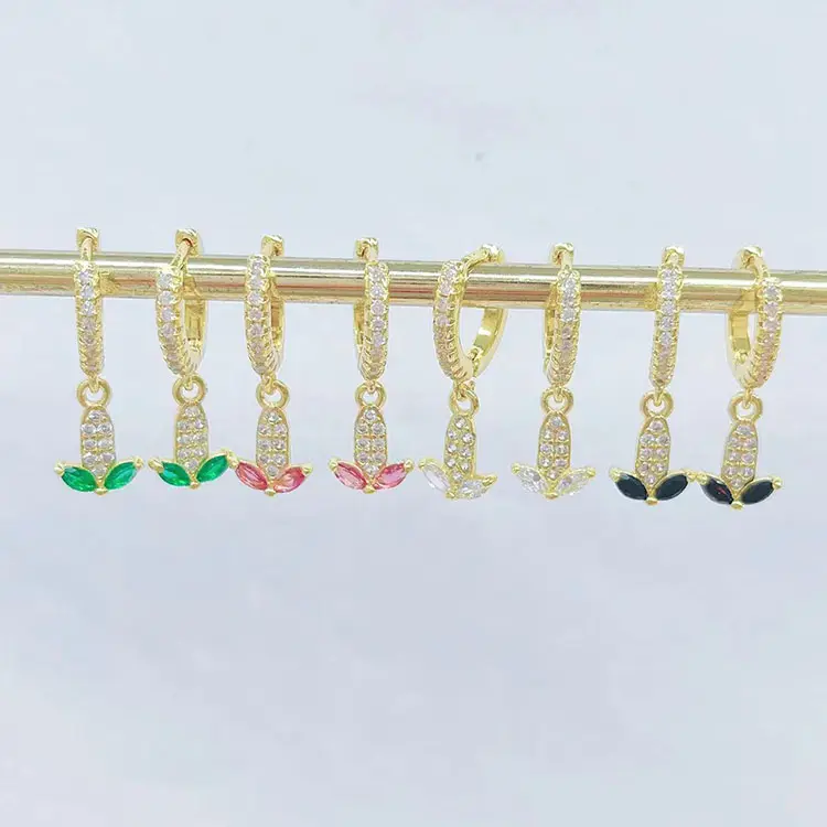 EC1841 Dainty Anting Lingkaran Mini 18K, Anting-Anting Hoop Miniatur Jagung Telinga Kristal Berlian Pave Ganda Lapis Emas 18K