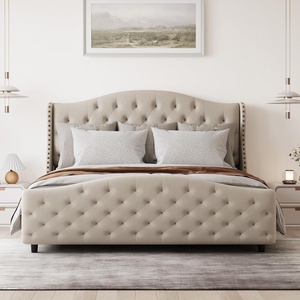 Lớn Nhung Chần Chừ đệm nền tảng bedstead với lớn lên cánh trở lại đầu giường nệm gỗ thanh hỗ trợ Nữ Hoàng Vua kích thước giường - Product Image 1