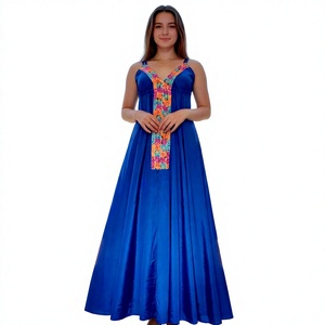 Blue A-Line <b>silk</b> Maxi <b>Dress</b> V-Neck Spaghetti Strap Floral Embroidery Elegant Floor-Length Evening Gown rawat handicrafts - Product Image 1