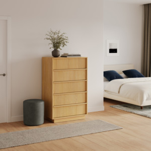 Commode en chêne naturel rainuré, taille personnalisable, 5 tiroirs, style Japandi, éco-responsable, armoire architecturale à lattes pour la maison - Product Image 2
