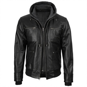 2026 Most Demanding Men's Black Genuine Leather Cow Hide Hooded Zipper Closure Waterproof Breathable Windproof <b>Slim</b> <b>Fit</b> <b>Jackets</b> - Product Image 1