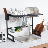 Égouttoir à vaisselle multifonctionnel réglable à 2 niveaux en acier au carbone avec drainage automatique grande capacité pour rangement de cuisine