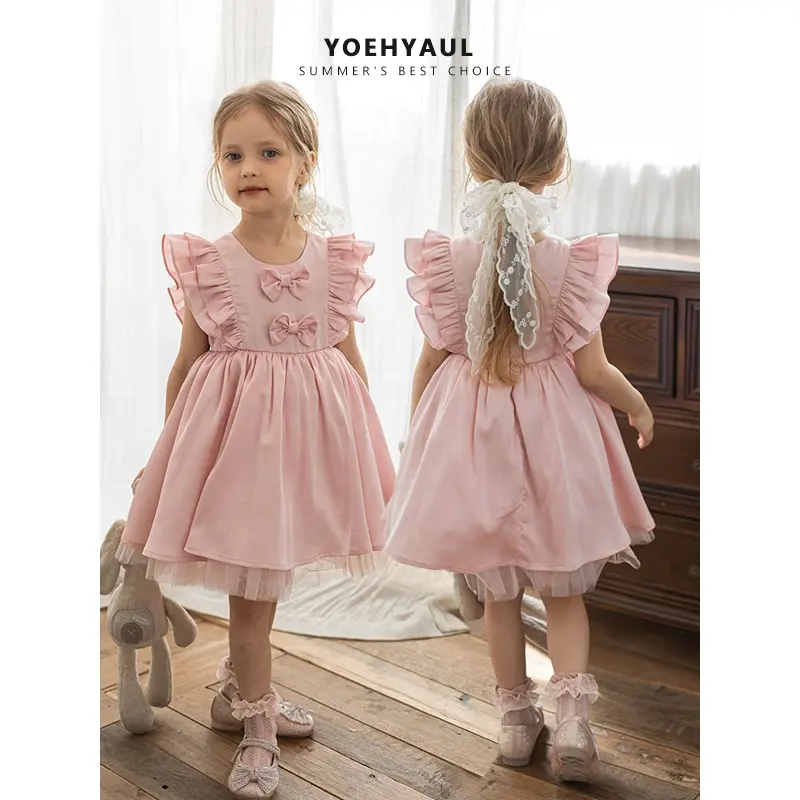 YOEHYAUL X4391 Vestidos de Noche de princesa para niños pequeños para niños al por mayor rosa de lujo flor niñas niños Vestido de satén con lazo